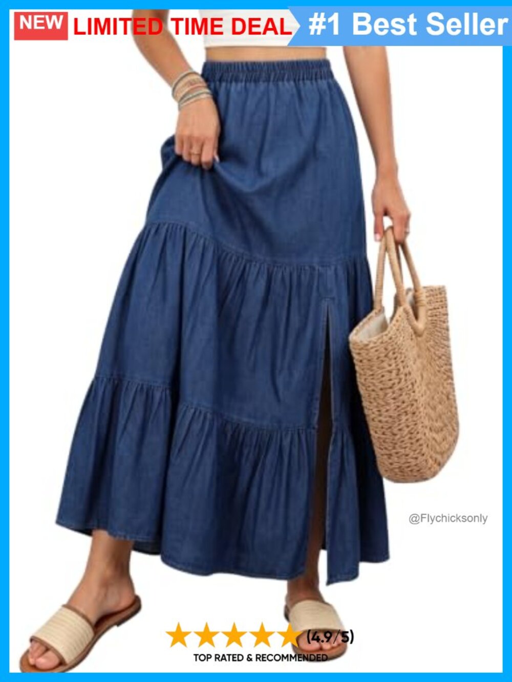 BISUAL Women's Long Denim Maxi Skirt Tiered A-Line Side Slit High Rise